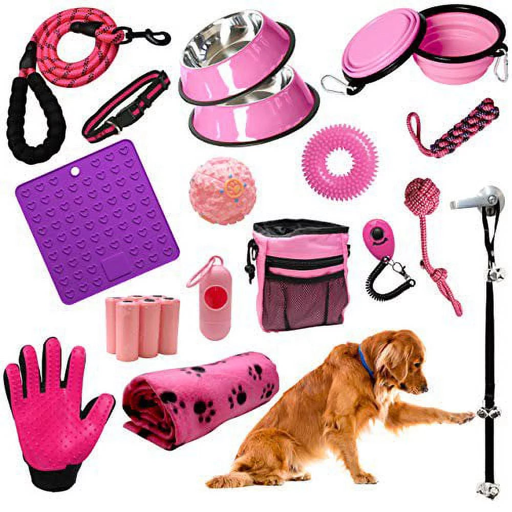 SETONWARE Puppy Starter Kit, Dog Toys, Dog Bed Blankets, Puppy Dog Grooming Tool, Training, Toys, Training Bells Dog Leashes Accessories for Dogs Gift for New Puppies Pink 23 Pieces