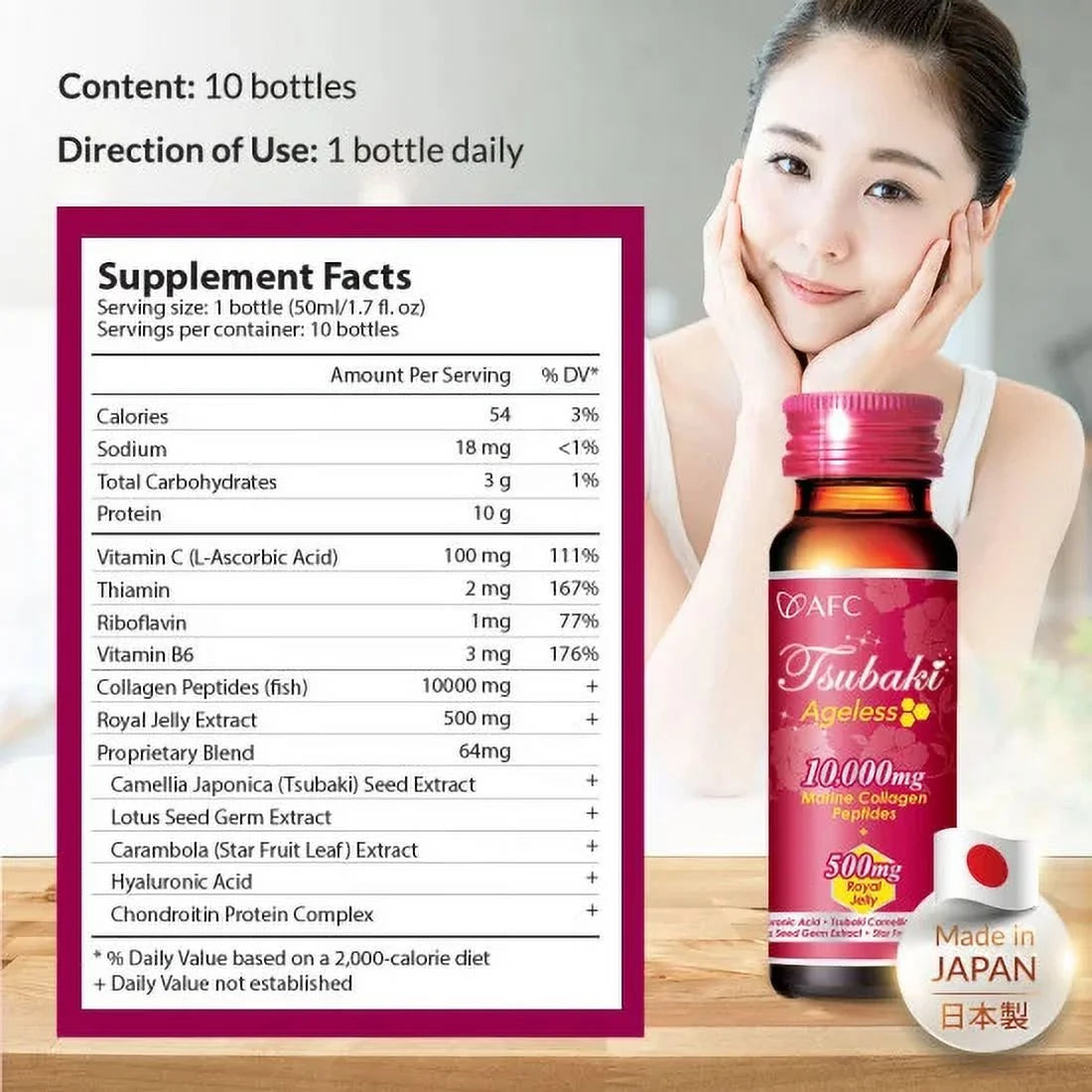 AFC Japan Tsubaki Ageless Beauty Collagen Drink from Japan with 10,000Mg Marine Collagen Peptides + 500Mg Royal Jelly + Hyaluronic Acid + Vitamin Bs &amp; C for Skin Revitalization (1.69Fl.Ozx10Sx3)