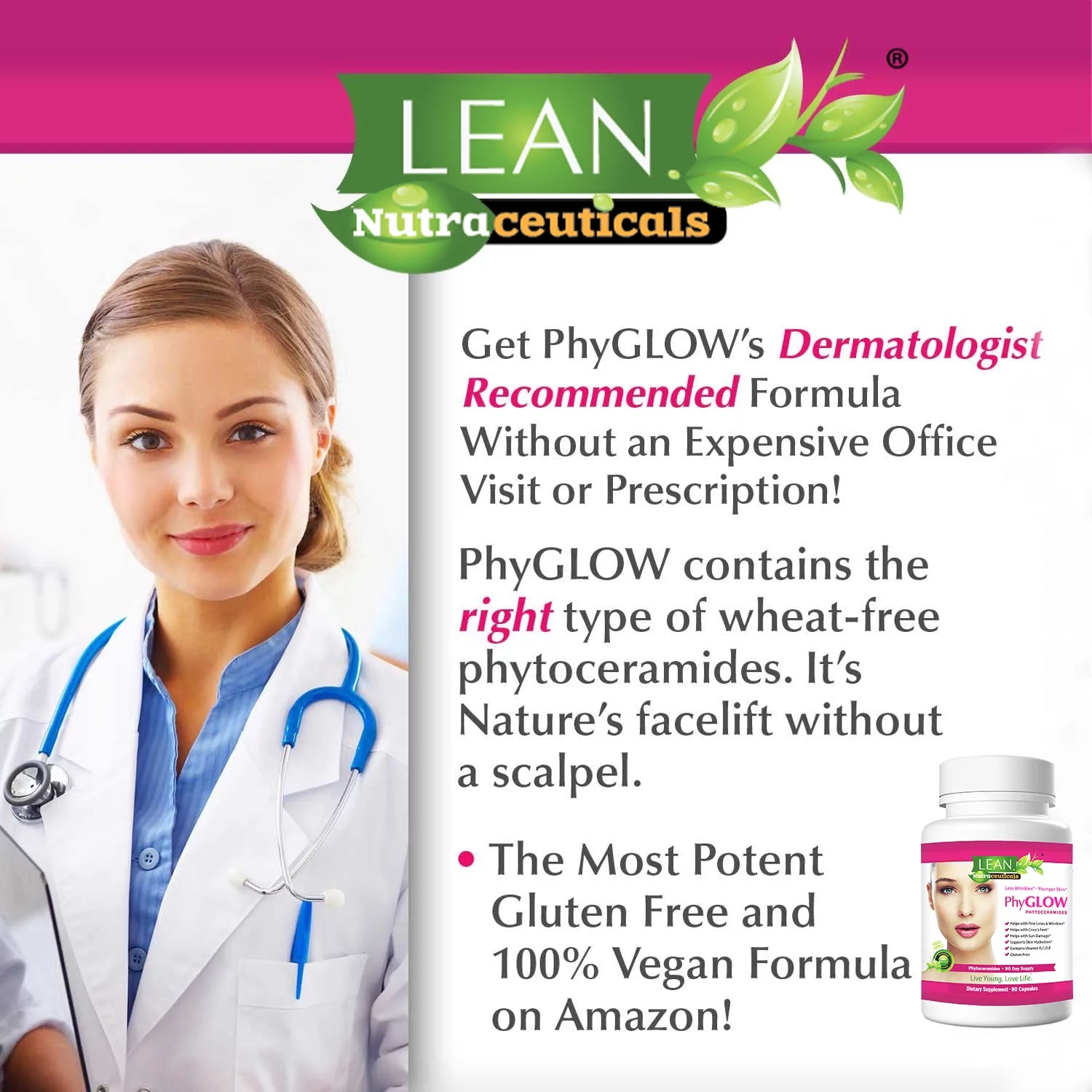 Phytoceramides 350Mg 90 Caps 90 Days Reduce Wrinkle and Look Younger Phyglow Natural Supplements by LEAN Nutraceuticals