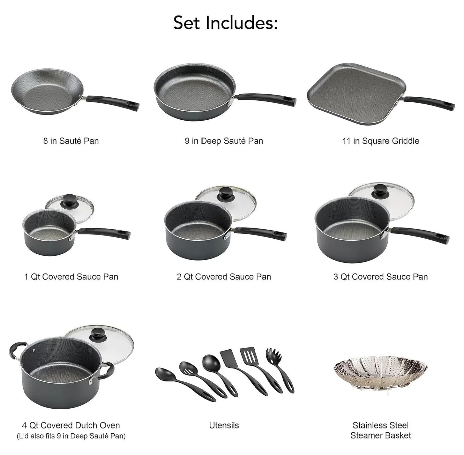 18 Piece Nonstick Pots &amp; Pans Cookware Set Kitchen Kitchenware Cooking NEW (GRAY)