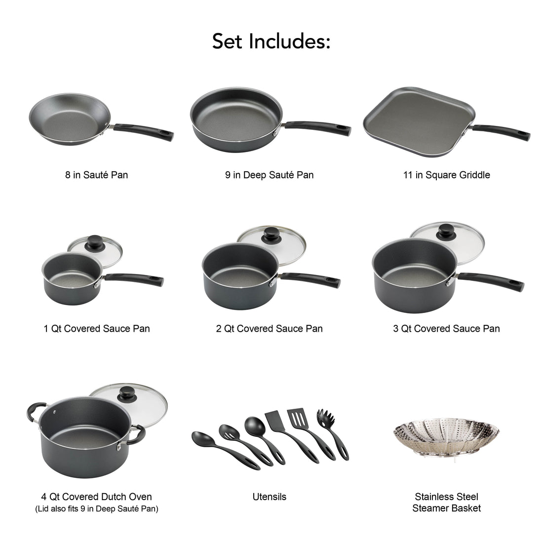 Primaware 18 Piece Non-Stick Cookware Set, Steel Gray