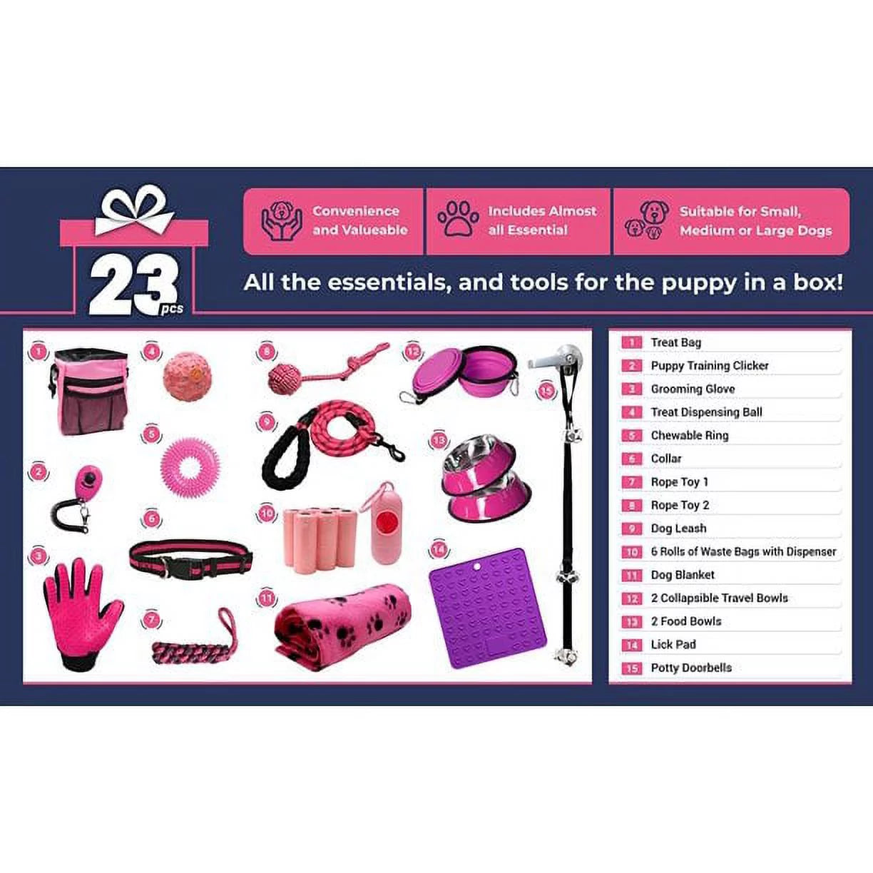 SETONWARE Puppy Starter Kit, Dog Toys, Dog Bed Blankets, Puppy Dog Grooming Tool, Training, Toys, Training Bells Dog Leashes Accessories for Dogs Gift for New Puppies Pink 23 Pieces