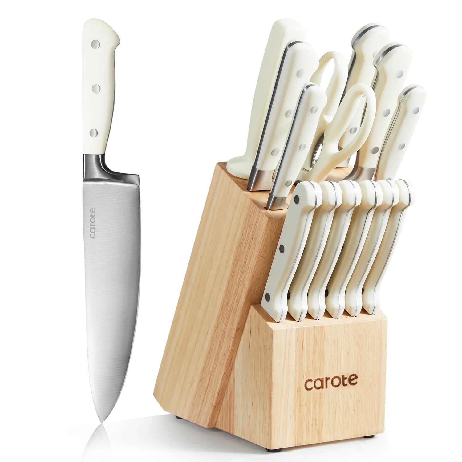 14 Pieces Knife Set with Wooden Block Stainless Steel Knives Dishwasher Safe with Sharp Blade Ergonomic Handle Forged Triple Rivet-Pearl White