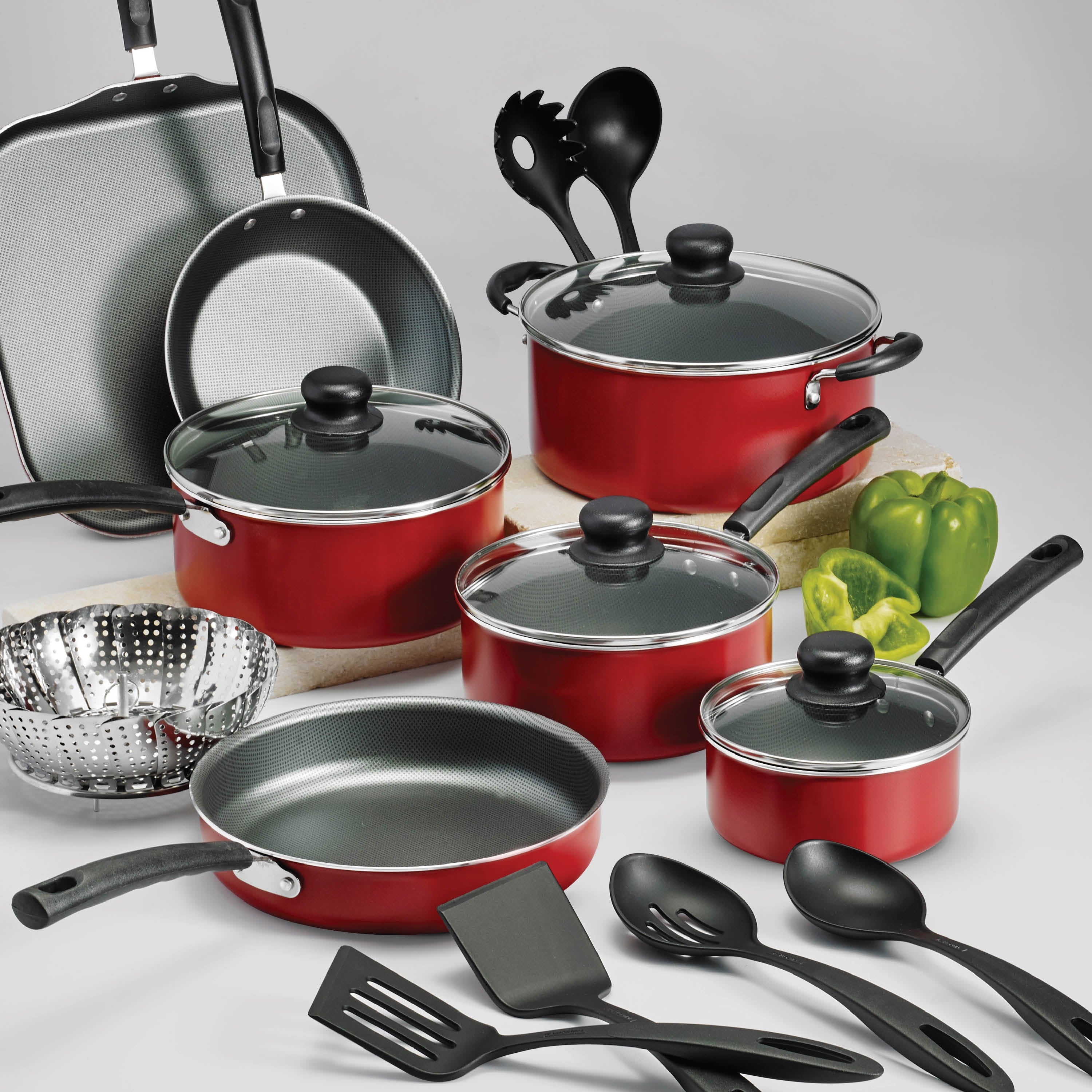 Primaware 18 Piece Non-Stick Cookware Set, Red