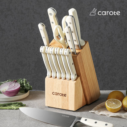 14 Pieces Knife Set with Wooden Block Stainless Steel Knives Dishwasher Safe with Sharp Blade Ergonomic Handle Forged Triple Rivet-Pearl White