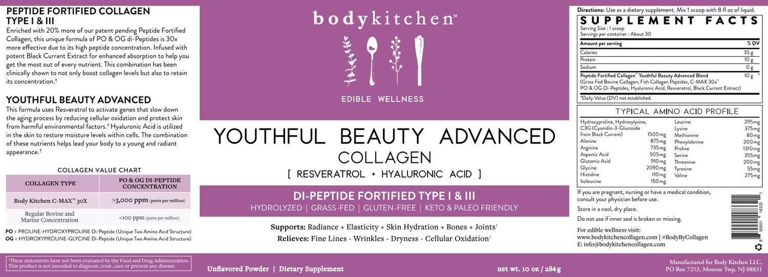 Body Kitchen Youthful Beauty Advanced Collagen Peptides Powder Supplement, Unflavored, 30 Servings