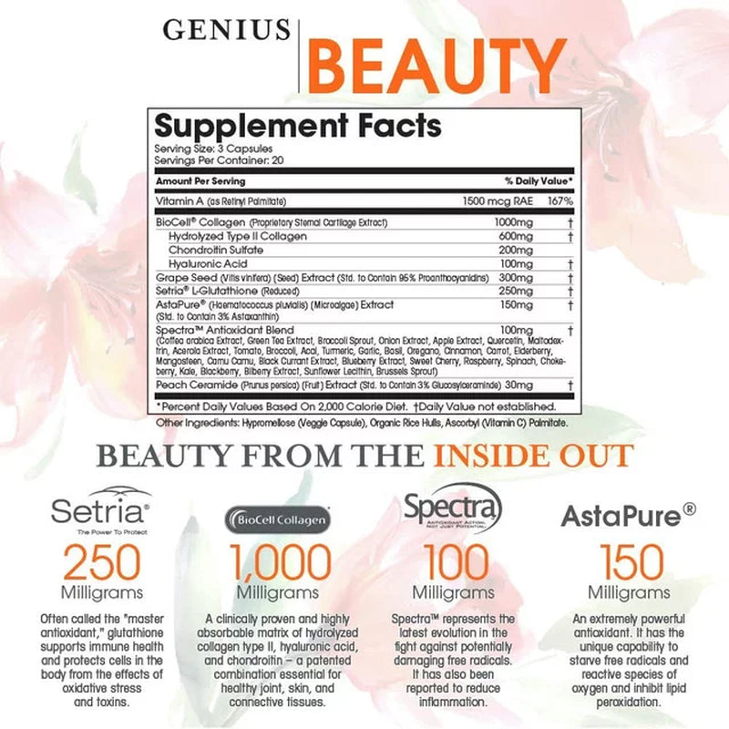 Anti-Aging Dietary Supplement with Collagen Hair, Skin &amp; Nails Support, Genius Beauty by the Genius Brand