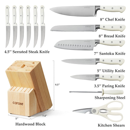 14 Pieces Knife Set with Wooden Block Stainless Steel Knives Dishwasher Safe with Sharp Blade Ergonomic Handle Forged Triple Rivet-Pearl White