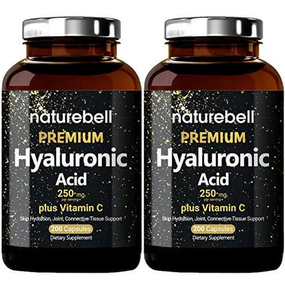 Naturebell 2 Pack Plant Based Hyaluronic Acid Supplements 250Mg with 25Mg Vitamin C &amp; Biotin 5000Mcg, 480 Total Capsules , Essential for Hair Growth, Joint Support, &amp; Hydrating Skin , Non-Gmo 240 Count (Pack of 2)