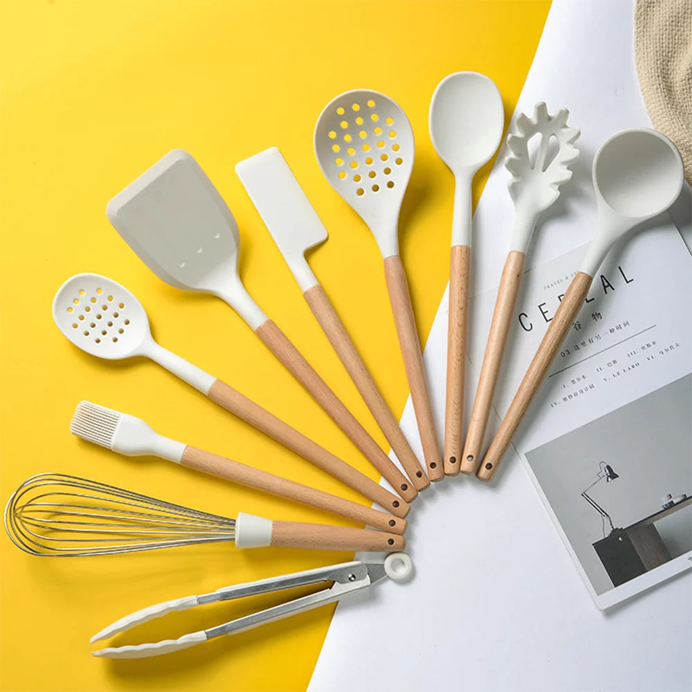 Kitchenware Set,Set 10 Pcs Silicone Utensil Set Kitchen Utensils Set Pcs Heat Resistant 10 Pcs Heat with Wooden Handle Non-Stick Kitchen Utensils Kitchen Tools Utensils Set 10 Yorten Huiop