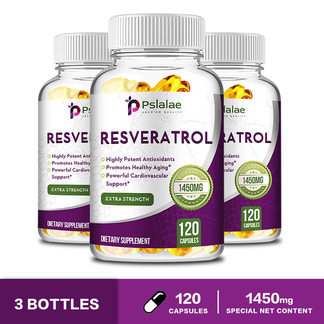 Pslalae Resveratrol 1450Mg - anti Agingm, Brain, Skin and Cardiovascular Health 120Pcs (1/3/5 Pack)