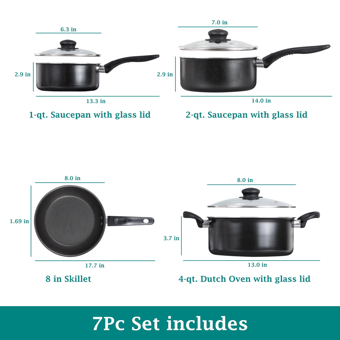 7 Piece Nonstick Cookware Set, Black