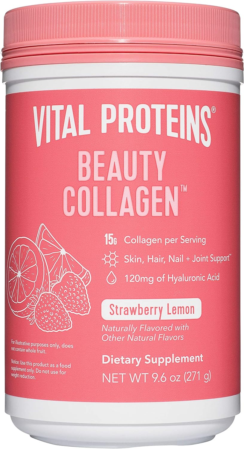 Strawberry Lemon Collagen Peptides, 10.8 OZ Powder Supplement (Type I, III) for Skin Hair Nail Joint