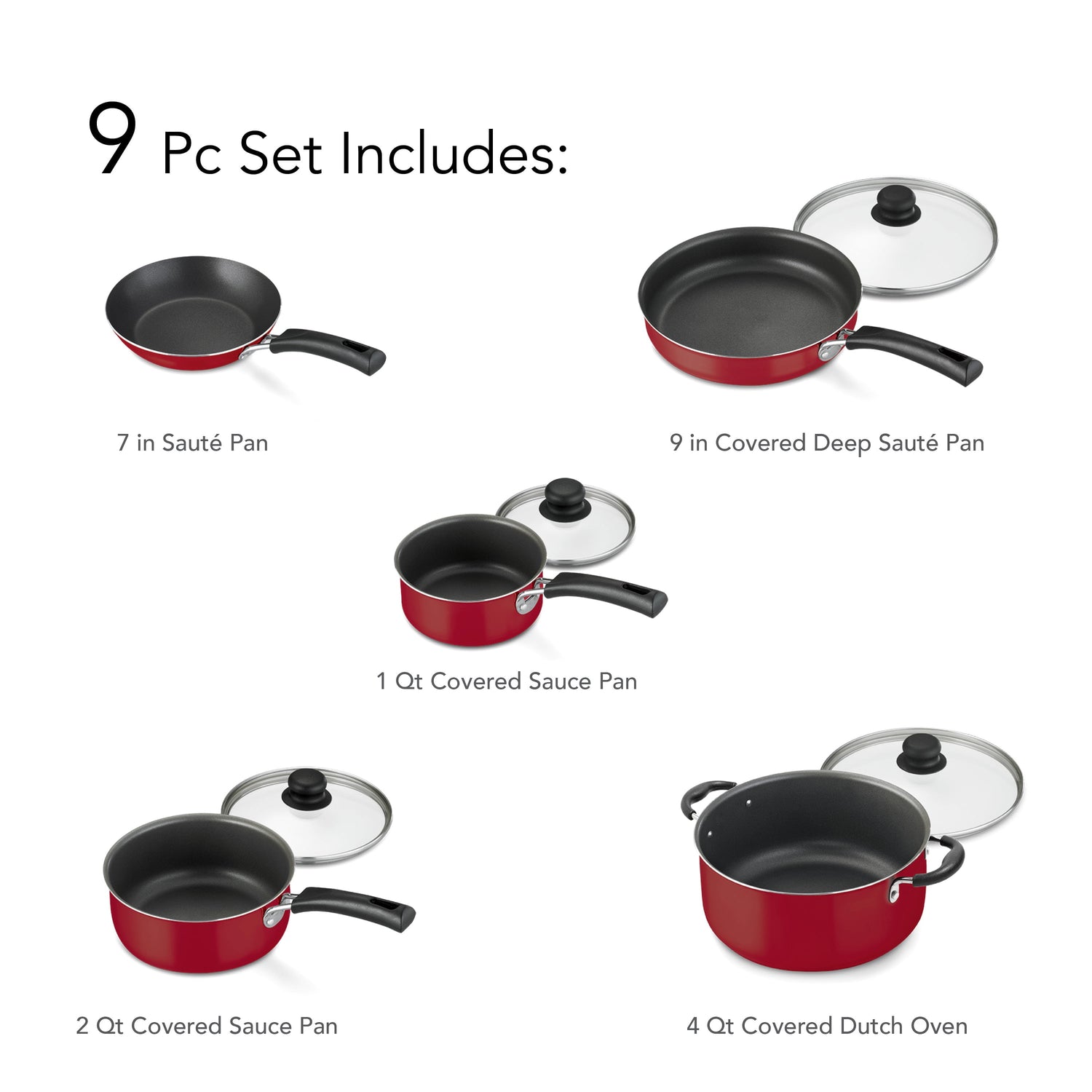 9-Piece Non-Stick Cookware Set, Red