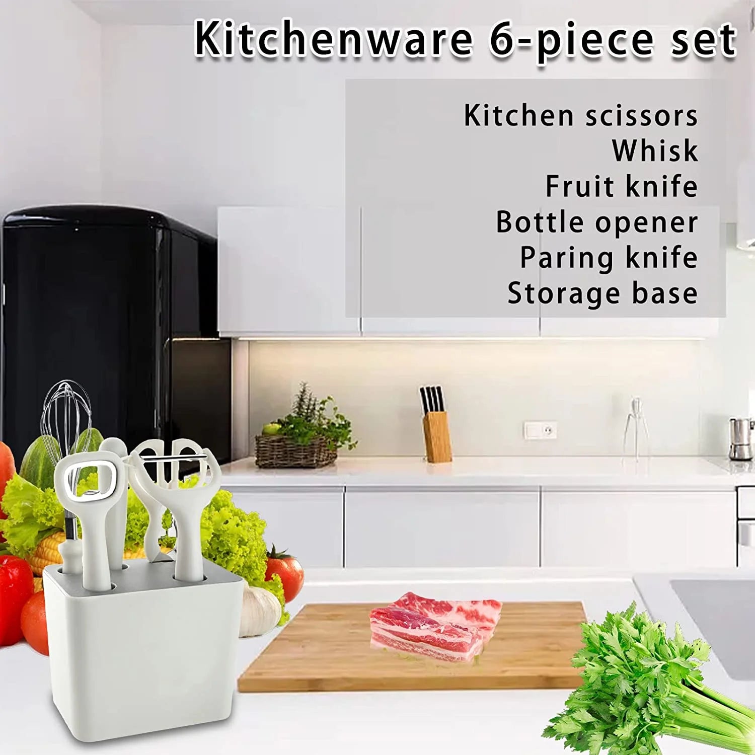 kitchenware Set, Kitchen Scissors, Kitchenware Set with Bracket, Peeler, Eggbeater, Bottle Opener, Peeler-Household Kitchenware (White 6-Piece Set)