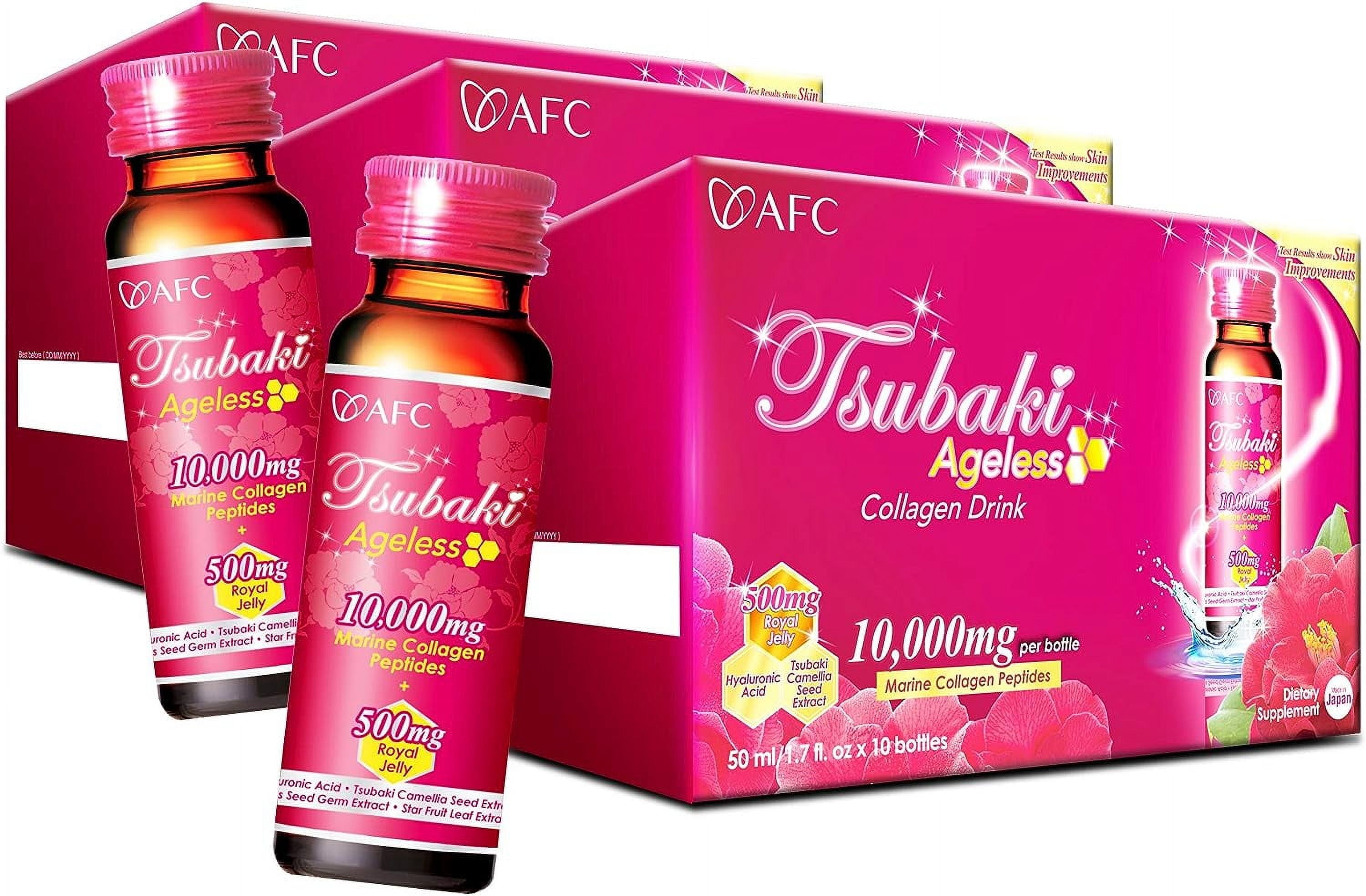 AFC Japan Tsubaki Ageless Beauty Collagen Drink from Japan with 10,000Mg Marine Collagen Peptides + 500Mg Royal Jelly + Hyaluronic Acid + Vitamin Bs &amp; C for Skin Revitalization (1.69Fl.Ozx10Sx3)