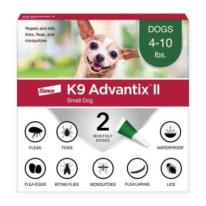 K9 Advantix II Monthly Flea &amp; Tick Prevention for Small Dogs 4-10 Lbs, 6-Monthly Treatment