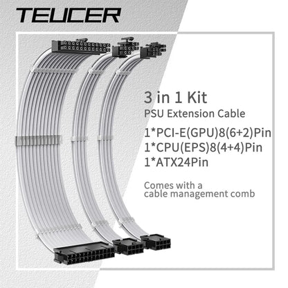 TEUCER 30cm PSU Extension Cable 3 in 1 Kit Motherboard ATX 24Pin GPU PCI-E 6+2Pin 8Pin CPU EPS 4+4Pin 18AWG Power Cord