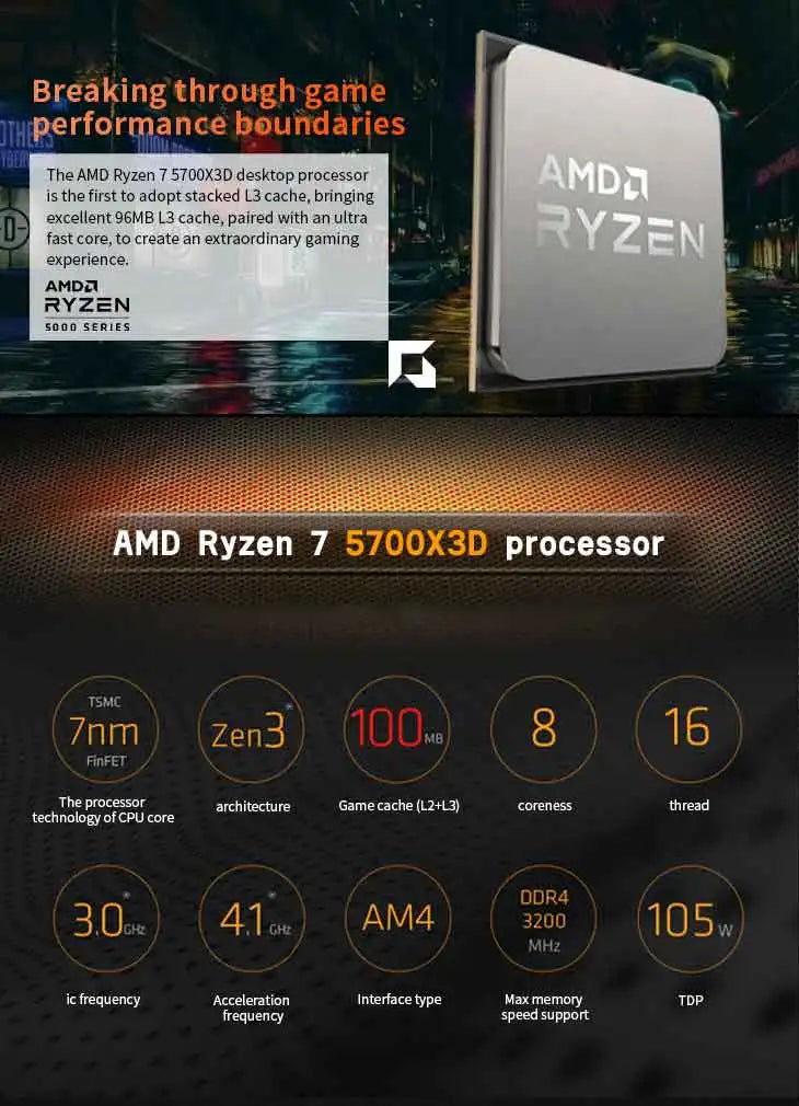 New  AMD Ryzen 7 5700X3D - R7 5700X3D 5000 Series 8-Core 4.1 GHz Socket AM4 Thread CPU Processor  New but without fan Game Cache