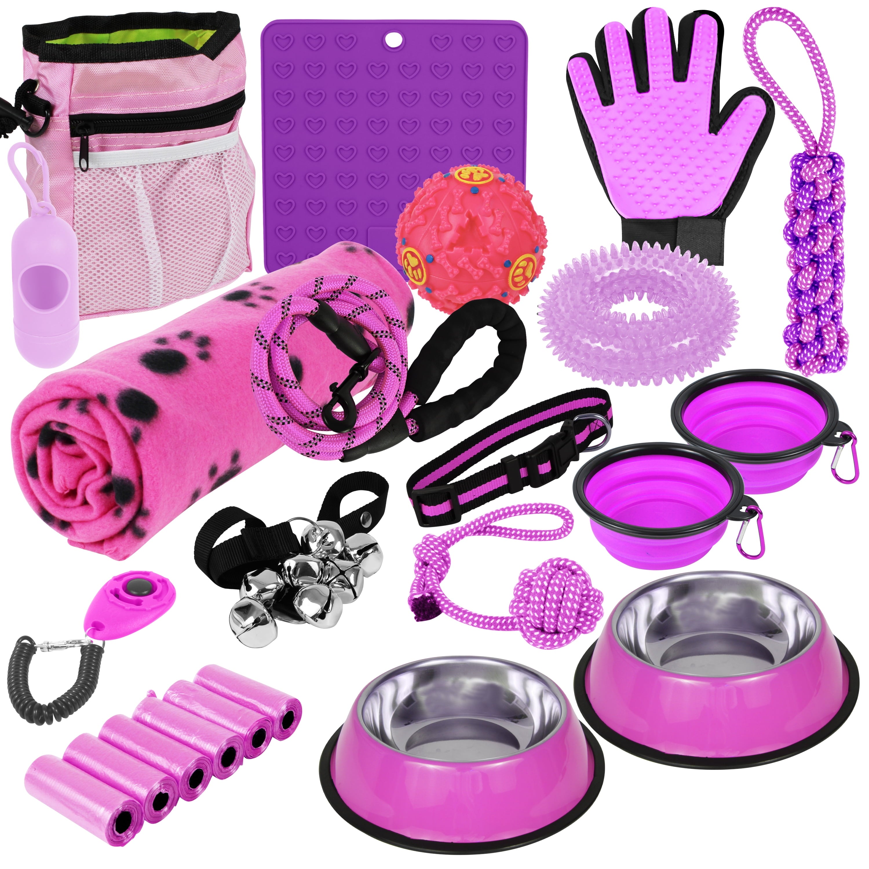 SETONWARE Puppy Starter Kit, Dog Toys, Dog Bed Blankets, Puppy Dog Grooming Tool, Training, Toys, Training Bells Dog Leashes Accessories for Dogs Gift for New Puppies Pink 23 Pieces