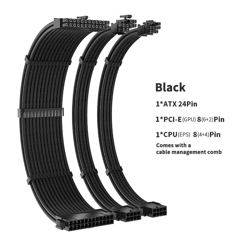 TEUCER 30cm PSU Extension Cable 3 in 1 Kit Motherboard ATX 24Pin GPU PCI-E 6+2Pin 8Pin CPU EPS 4+4Pin 18AWG Power Cord