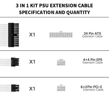 TEUCER 30cm PSU Extension Cable 3 in 1 Kit Motherboard ATX 24Pin GPU PCI-E 6+2Pin 8Pin CPU EPS 4+4Pin 18AWG Power Cord