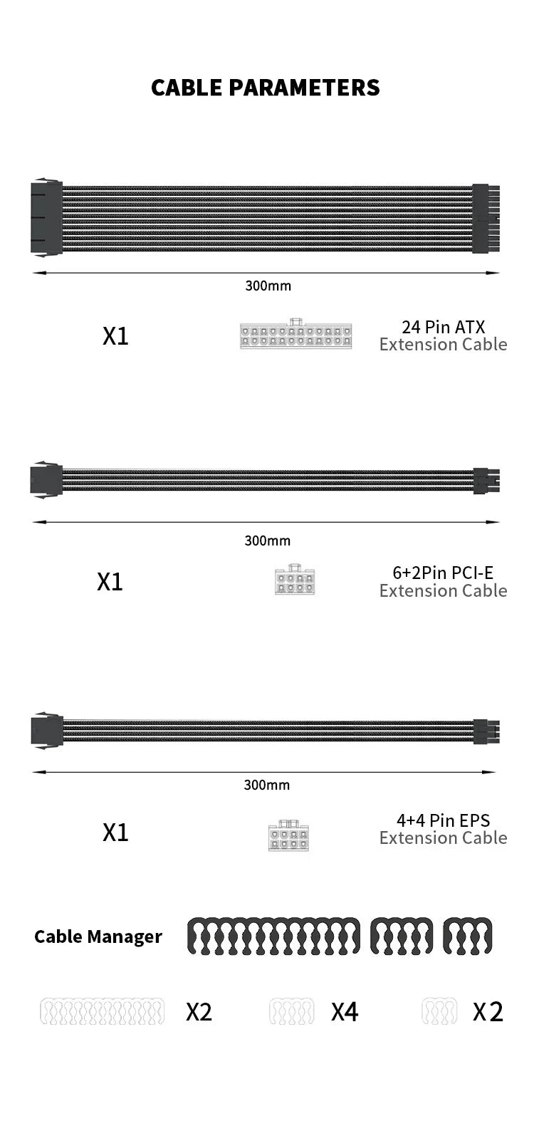 TEUCER 30cm PSU Extension Cable 3 in 1 Kit Motherboard ATX 24Pin GPU PCI-E 6+2Pin 8Pin CPU EPS 4+4Pin 18AWG Power Cord