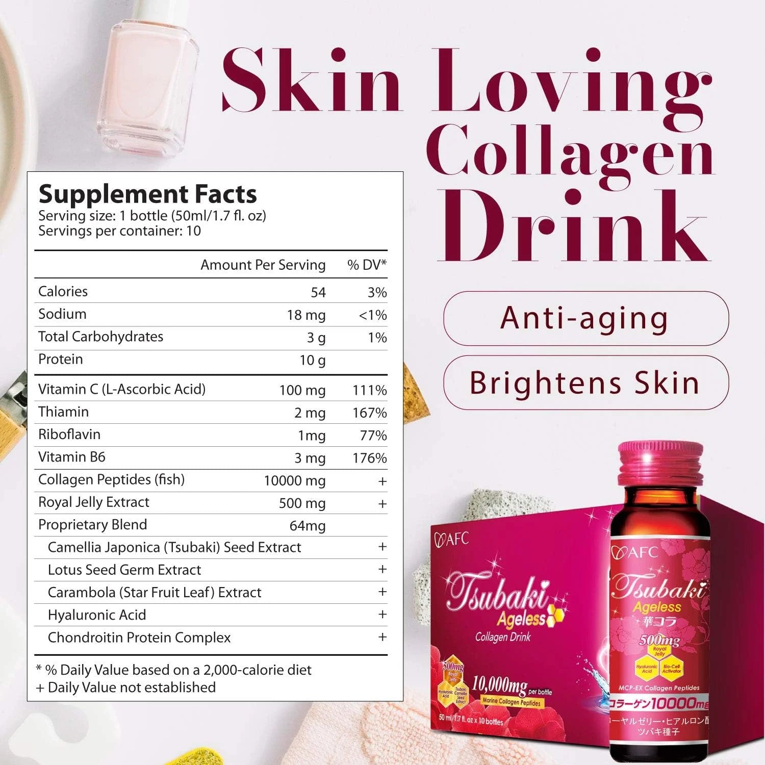 AFC Japan Tsubaki Ageless Beauty Collagen Drink from Japan with 10,000Mg Marine Collagen Peptides + 500Mg Royal Jelly + Hyaluronic Acid + Vitamin Bs &amp; C for Skin Revitalization (1.69Fl.Ozx10Sx3)