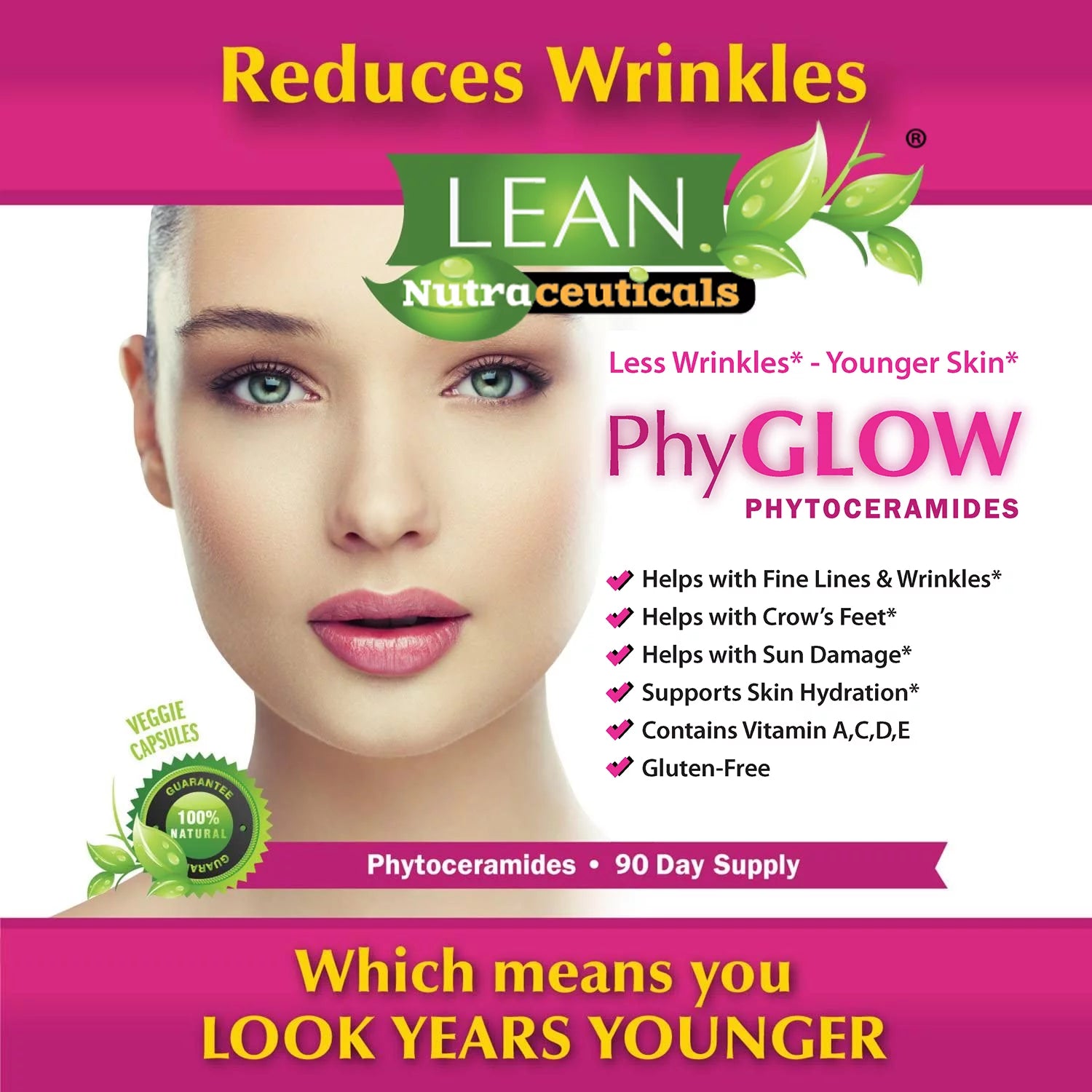 Phytoceramides 350Mg 90 Caps 90 Days Reduce Wrinkle and Look Younger Phyglow Natural Supplements by LEAN Nutraceuticals