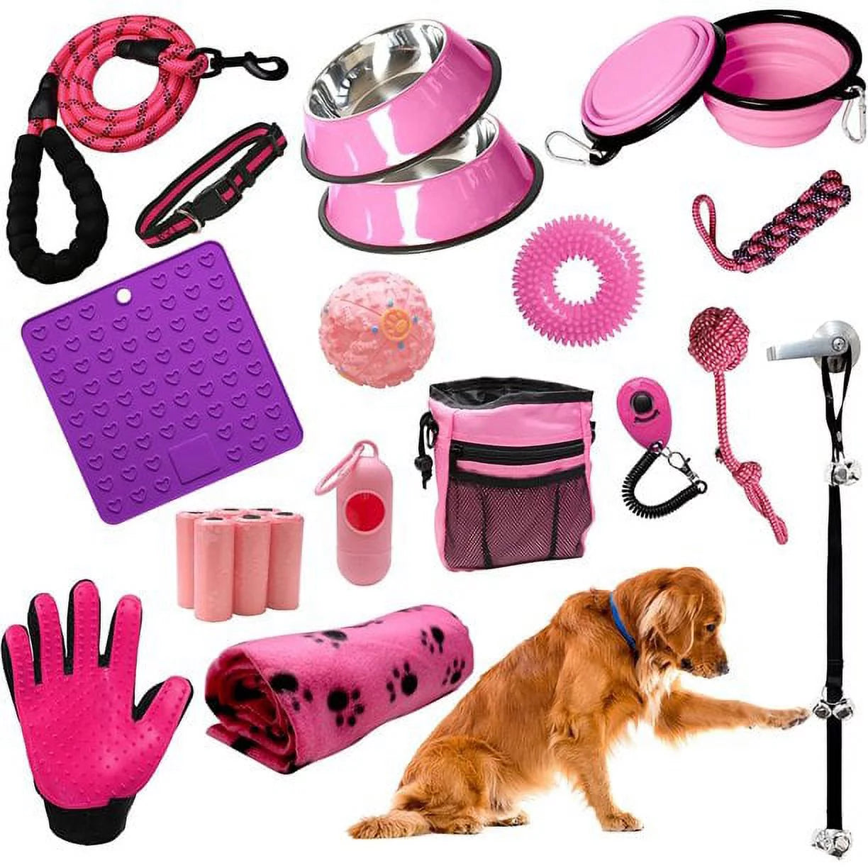 SETONWARE Puppy Starter Kit, Dog Toys, Dog Bed Blankets, Puppy Dog Grooming Tool, Training, Toys, Training Bells Dog Leashes Accessories for Dogs Gift for New Puppies Pink 23 Pieces