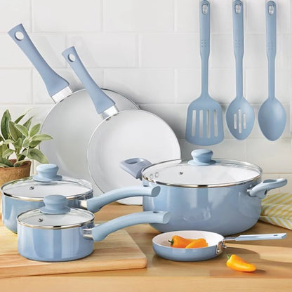 12Pc Ceramic Cookware Set, Blue Linen