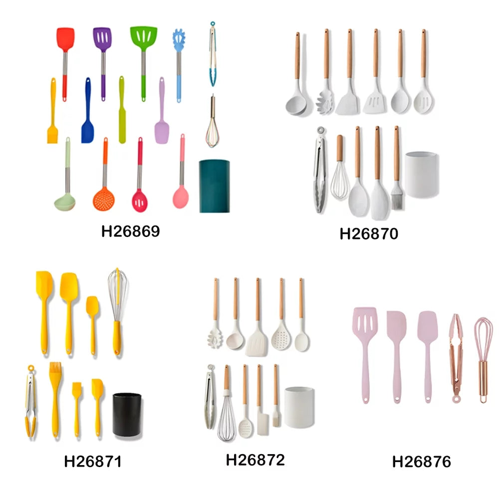 Kitchenware Set,Set 10 Pcs Silicone Utensil Set Kitchen Utensils Set Pcs Heat Resistant 10 Pcs Heat with Wooden Handle Non-Stick Kitchen Utensils Kitchen Tools Utensils Set 10 Yorten Huiop