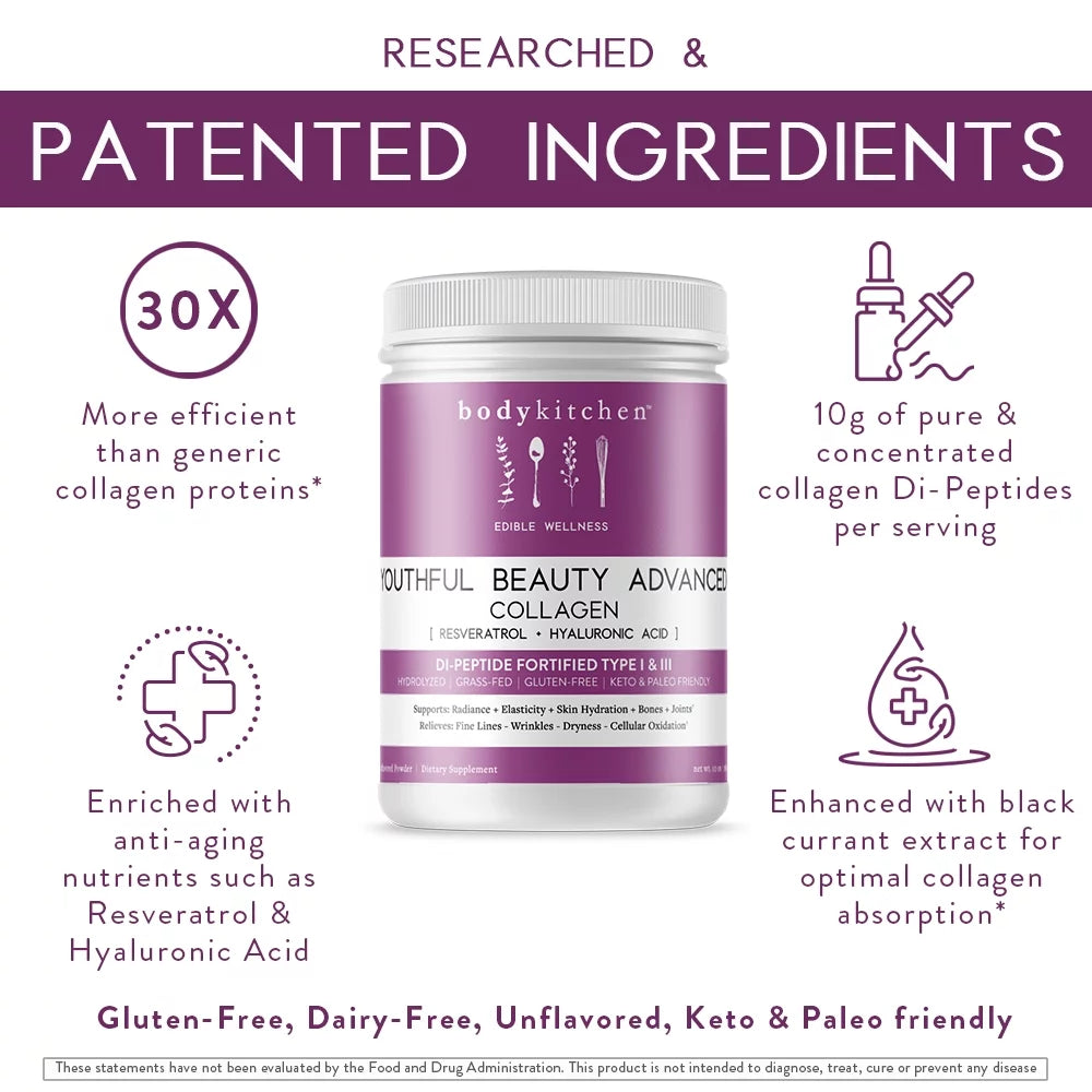 Body Kitchen Youthful Beauty Advanced Collagen Peptides Powder Supplement, Unflavored, 30 Servings