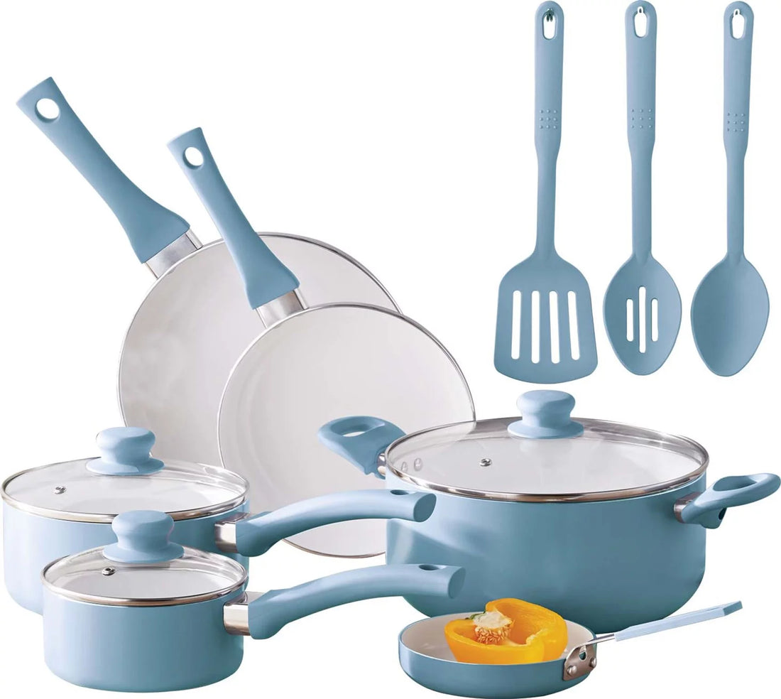 12Pc Ceramic Cookware Set, Blue Linen