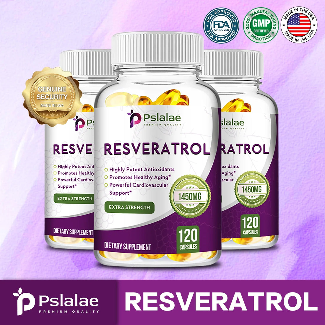 Pslalae Resveratrol 1450Mg - anti Agingm, Brain, Skin and Cardiovascular Health 120Pcs (1/3/5 Pack)