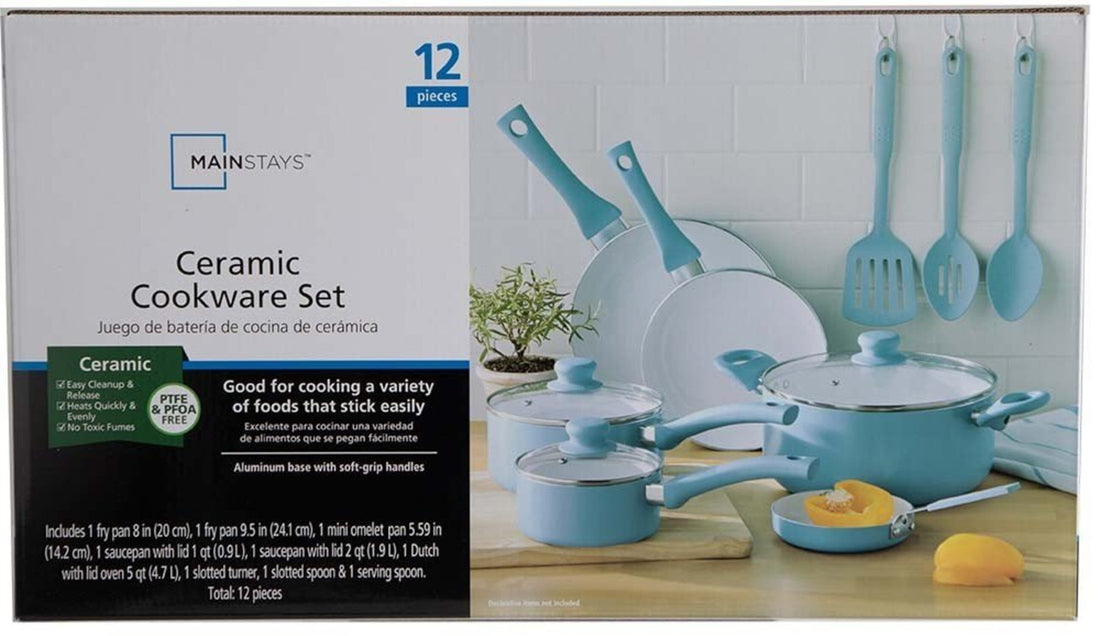 12Pc Ceramic Cookware Set, Blue Linen