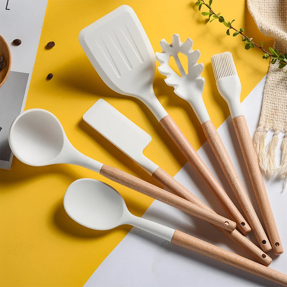 Kitchenware Set,Set 10 Pcs Silicone Utensil Set Kitchen Utensils Set Pcs Heat Resistant 10 Pcs Heat with Wooden Handle Non-Stick Kitchen Utensils Kitchen Tools Utensils Set 10 Yorten Huiop