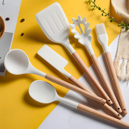 Kitchenware Set,Set 10 Pcs Silicone Utensil Set Kitchen Utensils Set Pcs Heat Resistant 10 Pcs Heat with Wooden Handle Non-Stick Kitchen Utensils Kitchen Tools Utensils Set 10 Yorten Huiop