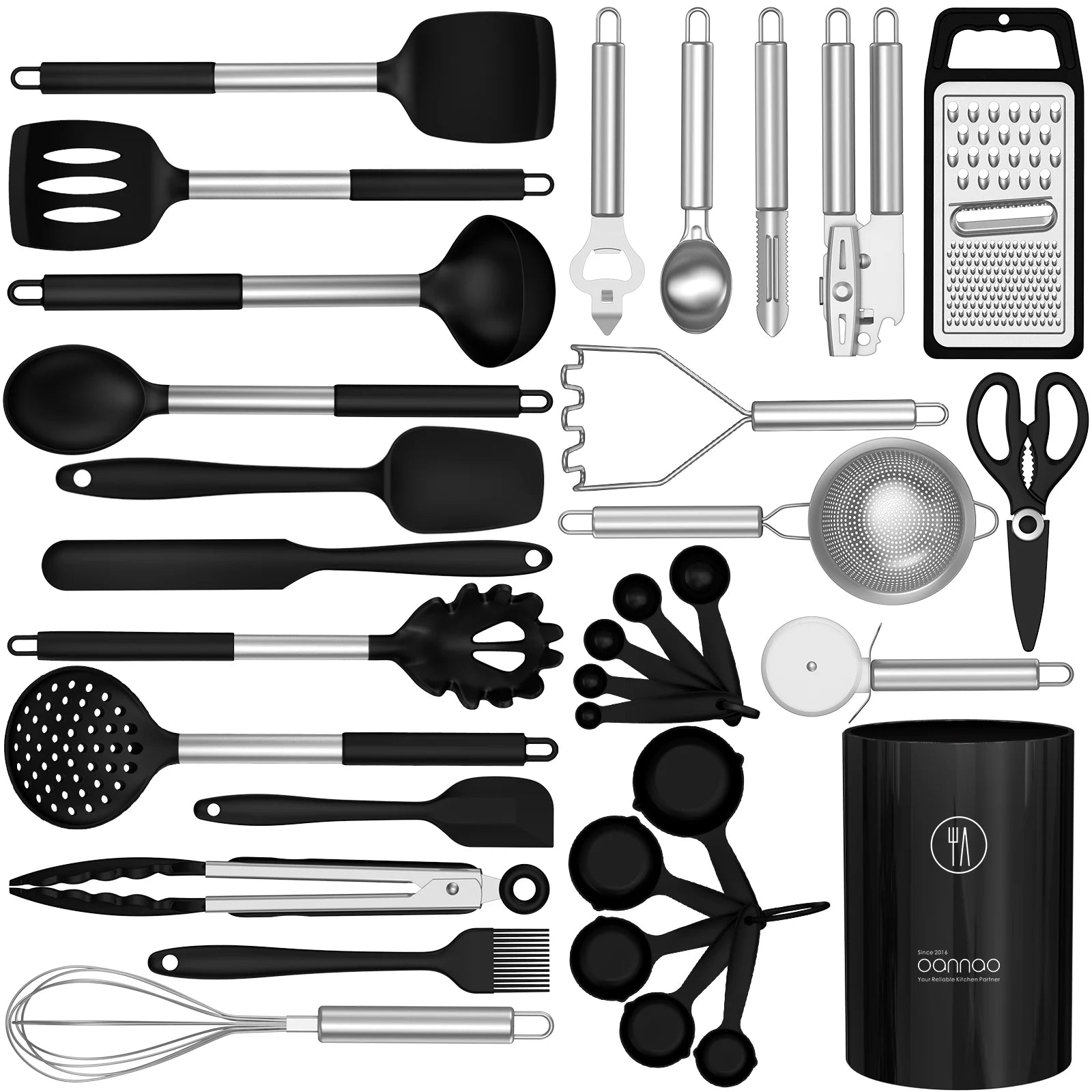 Silicone Cooking Utensils Set - Heat Resistant Silicone Kitchen Utensils for Cooking, Kitchen Utensil Spatula Set W Holder,Bpa FREE Kitchen Gadgets Tools for Non-Stick Cookware Dishwasher Safe (Black)